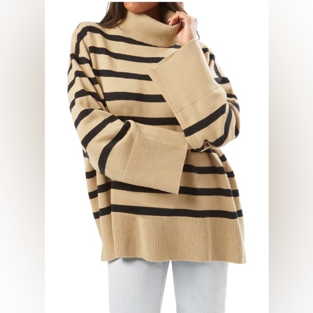 WeWoreWhat Tan and Black Striped Turtleneck Sweater